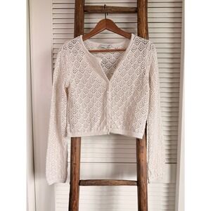 Freshman 1996 Cream Pointelle Knit Cropped Cardigan Sweater V-Neck Long Sleeve